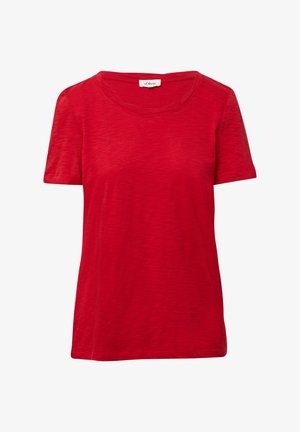 Red short-sleeve T-shirt with a classic crew neck design, made from lightweight material featuring a subtle textured surface.
