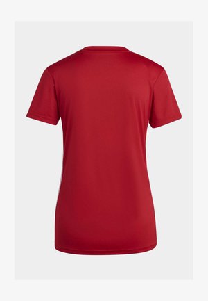 Red short-sleeve athletic shirt with a round neck, made of smooth, lightweight fabric. Features breathable mesh side panels.