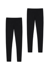 Leggings negros hechos de tela elástica, con una textura suave, corte ajustado y cinturillas elásticas, mostrados en dos tamaños.
