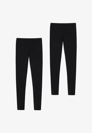 Schwarze Leggings aus dehnbarem Material, mit glatter Textur, schlanker Passform und elastischem Bund, in zwei Größen präsentiert.