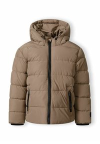 Brun puffjacka med huva, med dragkedjestängning, sidofickor och quiltad design. Tillverkad av syntetiskt material; slät textur.