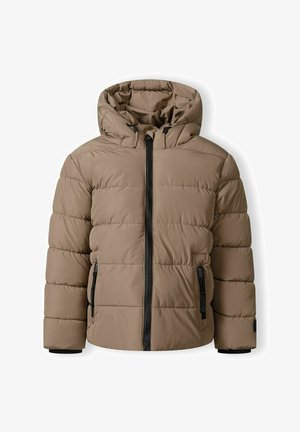 Barna puffernadrág kapucnival, cipzárral, oldalsó zsebekkel és steppelt mintával. Szintetikus anyagból készült; sima tapintású.