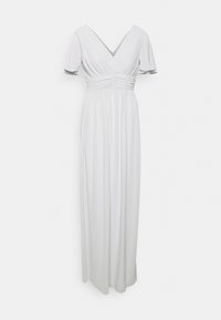 Valkoinen maksimekko, jossa on V-mallinen kaula-aukko, lyhyet hihat ja rypistetty vyötärö. Valmistettu sileästä kankaasta, jossa on valuva helma ja minimaaliset muotoiluyksityiskohdat.