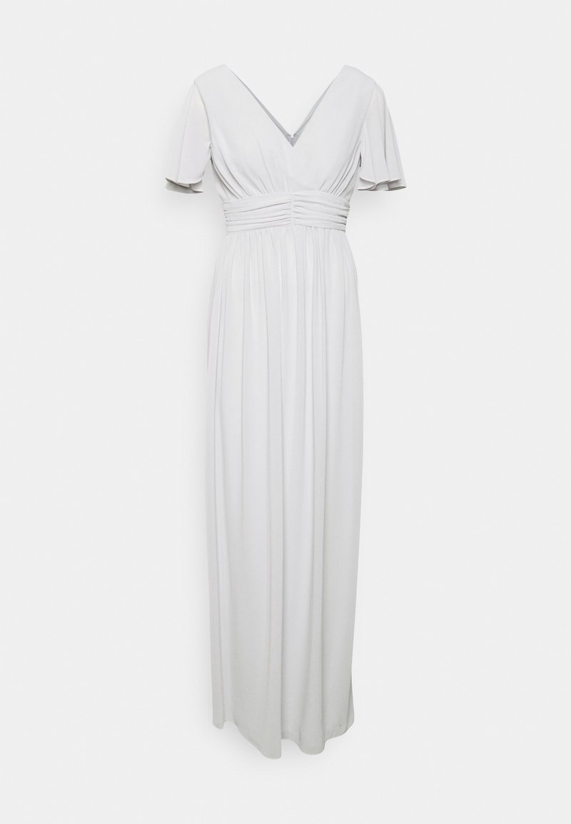 Valkoinen maksimekko, jossa on V-mallinen kaula-aukko, lyhyet hihat ja rypistetty vyötärö. Valmistettu sileästä kankaasta, jossa on valuva helma ja minimaaliset muotoiluyksityiskohdat.