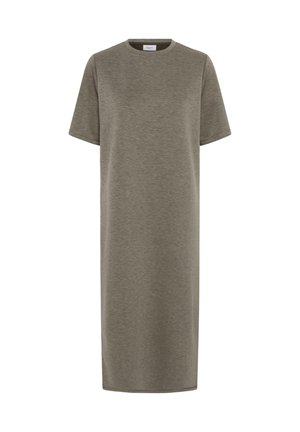 Olīvu zaļš īsroču kleita, taisna griezuma, apaļa kakla izgriezums, izgatavota no mīksta auduma. Laika pārbaudi izturīgs dizains ar gludu tekstūru un minimālu detaļu skaitu.