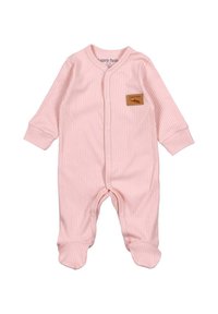 Roze geribbelde babypak met lange mouwen, met voetjes en drukknoopsluitingen. Heeft een bruin leren label nabij de hals.