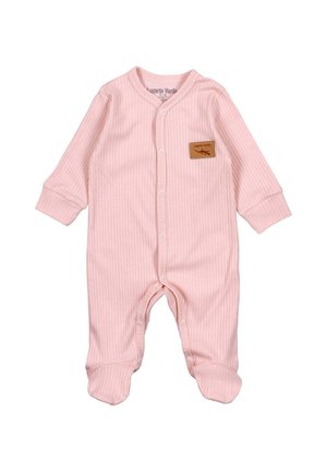 Rosa gerippter Baby-Body mit langen Ärmeln, Füßchen-Design und Druckknopfverschlüssen. Verfügt über ein braunes Lederlabel in der Nähe des Halsausschnitts.