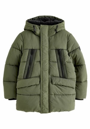 Doudoune verte avec une surface texturée, capuche, poches poitrine zippées et poches latérales. Design matelassé et tissu épais isolant.