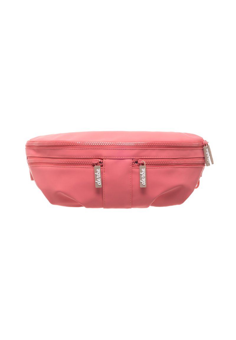 Marsupio sintetico rosa, liscio e morbido, con due scomparti con zip. Caratterizzato da accessori in metallo argentato e un logo discreto sulle linguette delle zip.