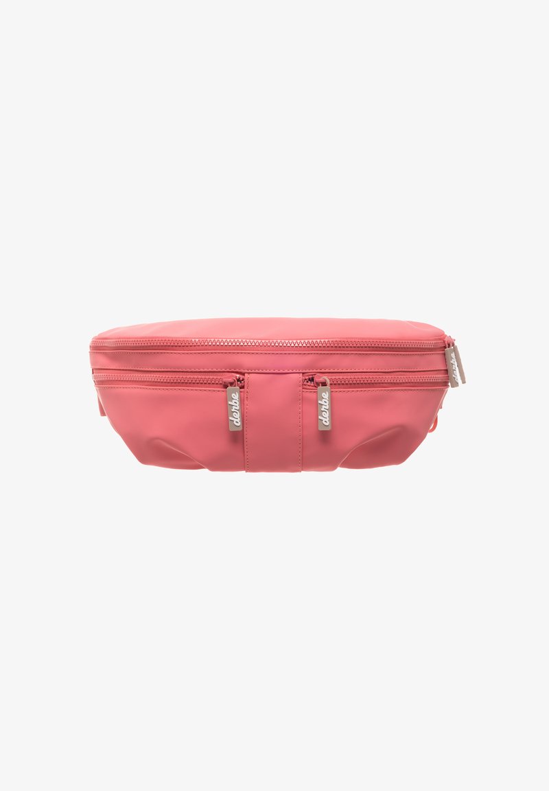 Rosa, slät, syntetisk midjeväska med två zip-flikade fack. Har silverfärgade detaljer och en diskret logotyp på dragkedjorna.