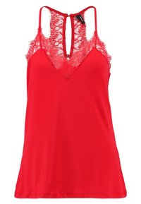 Rode camisole top met een kanten rand bij de halslijn, verstelbare bandjes en een sleutelgat aan de achterkant. Soepele stof met een losse pasvorm.