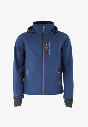 Veste softshell marine avec des détails de fermeture éclair orange, capuche et plusieurs poches zippées. Équipée de poignets ajustés avec des trous pour les pouces pour plus de chaleur.