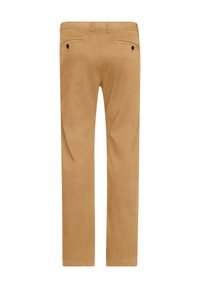 Brown corduroy pants with straight legs, featuring two back pockets with black buttons and a smooth texture.