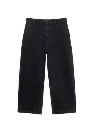 Pantalons larges en denim noir avec taille haute, dotés d'une fermeture à bouton à l'avant et de poches classiques. Texture lisse et lignes épurées.