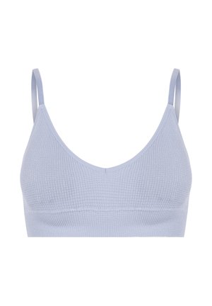 Lichtblauwe naadloze gebreide bralette met dunne verstelbare schouderbandjes en een V-hals.