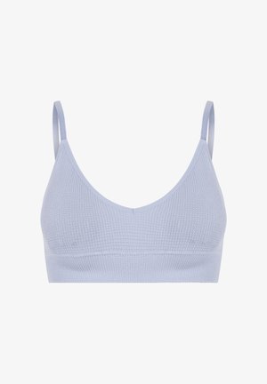 Hellblaues nahtloses gestricktes Bralette mit dünnen verstellbaren Schulterriemen und einem V-Ausschnitt.