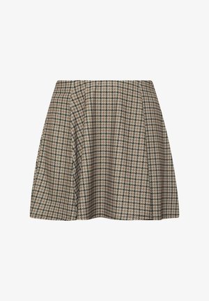 Brauner kariert Rock mit ausgestelltem Design. Hergestellt aus strukturiertem Stoff, mit tailliertem Bund und klassischem Hahnentrittmuster.