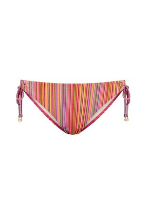 Bikini spodní část v mnoha barvách s širokými svislými pruhy v růžové, fialové a oranžové barvě, s nastavitelnými bočními zavazovacími pásky a dekorativními zlatými akcenty.