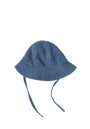 Blå bomuldsbøllehat med hagebånd og syninger, designet til solbeskyttelse og sikker pasform.