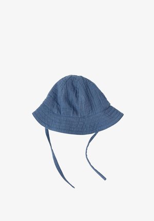 Blå bomuldsbøllehat med hagebånd og syninger, designet til solbeskyttelse og sikker pasform.