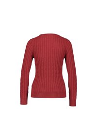 Roter Kabelstrickpullover mit langen Ärmeln, geripptem Saum und Rundhalsausschnitt. Das strukturierte Muster zeigt sich mit erhabenen, verdrehten Kabeln über den Rücken.
