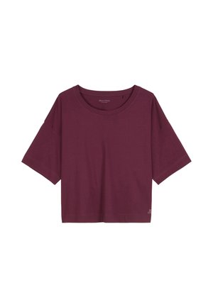 Burgunderfarbener Cropped-T-Shirt mit rundem Halsausschnitt, kurzen Ärmeln und lässiger Passform. Aus weichem Baumwollmaterial gefertigt.