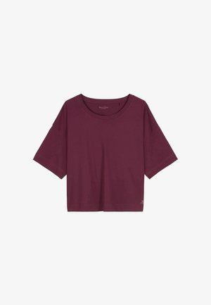 Burgunderfarbener Cropped-T-Shirt mit rundem Halsausschnitt, kurzen Ärmeln und lässiger Passform. Aus weichem Baumwollmaterial gefertigt.