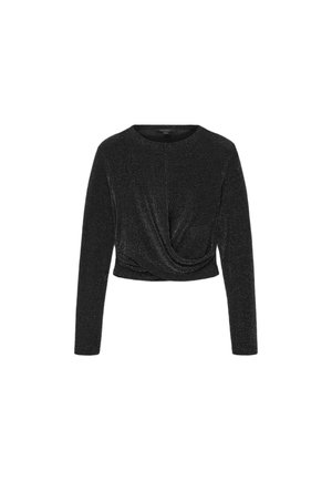 Sorte cropped langærmet top lavet af et metallisk stof. Har en rund halsudskæring og en snoet design foran. Glat tekstur.