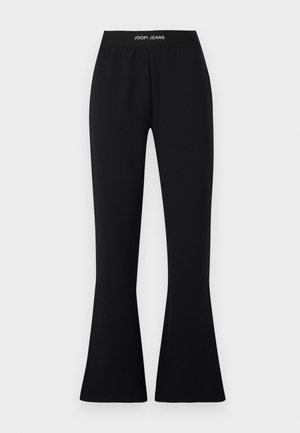 Pantalon noir évasé en tissu extensible avec une taille élastique ornée du logo "JOOP! JEANS". Texture lisse avec une silhouette ajustée.