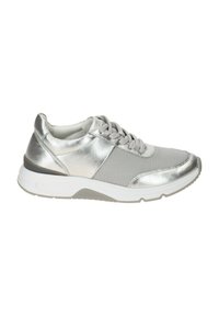 Silver athletic shoe featuring a metallic upper, mesh panels, and a cushioned white sole. Includes grey laces and textured detailing.