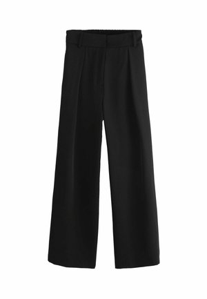 Pantaloni neri a gamba larga con pressatura frontale, vita elastica e tessuto liscio. Presentano una vestibilità rilassata che arriva fino alla caviglia.