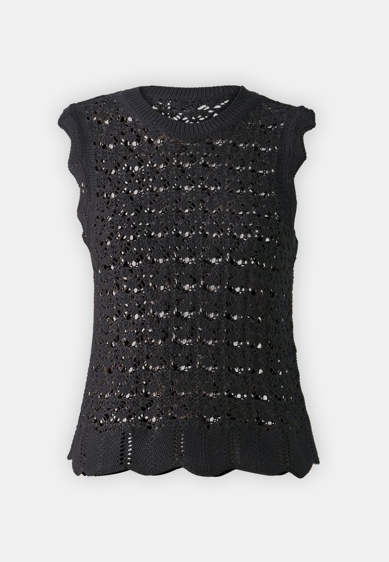 Schwarzes, gestricktes, ärmelloses Top mit einem durchbrochenen Design, gewelltem Saum und rundem Ausschnitt. Hergestellt aus einem strukturierten Stoff.
