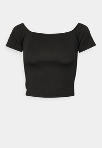 Black, short-sleeved crop top with an off-the-shoulder design; smooth texture and fitted shape, highlighting a minimalist style.