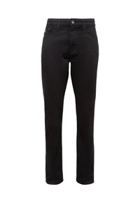 Schwarze Denim-Jeans mit geradem Schnitt, Fünf-Taschen-Design, vorderem Knopfverschluss und glatter Textur. Keine sichtbaren Muster oder Akzente.