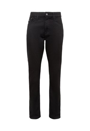 Schwarze Denim-Jeans mit geradem Schnitt, Fünf-Taschen-Design, vorderem Knopfverschluss und glatter Textur. Keine sichtbaren Muster oder Akzente.