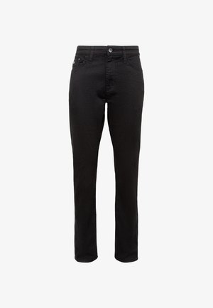 Schwarze Denim-Jeans mit geradem Schnitt, Fünf-Taschen-Design, vorderem Knopfverschluss und glatter Textur. Keine sichtbaren Muster oder Akzente.