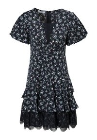 Vestido negro con flores, de mangas cortas, con niveles de volantes y ribete de encaje. Presenta pequeñas flores rosas y verdes sobre un fondo negro.