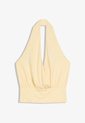 Sleeveless light yellow halter top with a deep V-neckline and gathered fabric at the waist.