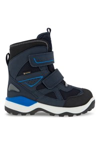 Vattentålig mörkblå vandringskänga med svarta tygdetaljer, försedd med två kardborrband, strukturerade ytor och en robust vit sula.