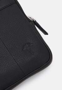 Black leather pouch with textured finish, featuring a subtle embossed logo. Includes a silver zipper and black zipper pull.