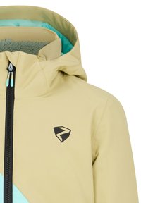 Wasserabweisende beigende Jacke mit türkisem Innenfutter, verfügt über schwarzes Logo, Frontreißverschluss und geometrisches Design. Weiche Textur und Kapuze.