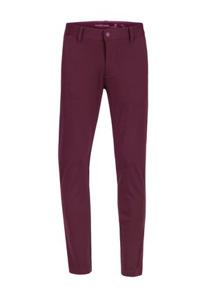 Burgunderfargede stretchbukser med en tettsittende design, som har en enkelt knappelukking, belteholdere og to frontlommer for funksjonalitet.