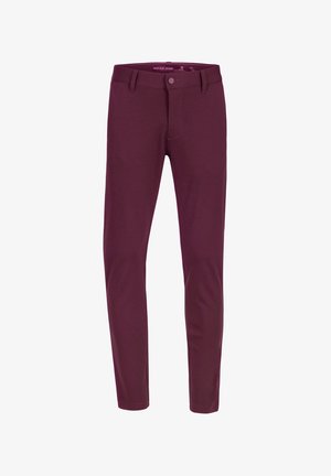 Burgunderfarbene Stretchhosen mit einer taillierten Passform, ausgestattet mit einem Knopfverschluss, Gürtelschlaufen und zwei Fronttaschen für Funktionalität.