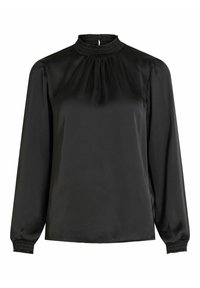Blusa nera a maniche lunghe in satin morbido con collo alto, dettagli arricciati al colletto e polsini elasticizzati per la regolazione della vestibilità.