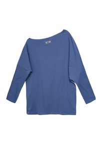 Luźna bluzka z długim rękawem wykonana z miękkiego, jednolitego niebieskiego materiału. Posiada szeroki okrągły dekolt oraz opuszczone szwy na ramionach.