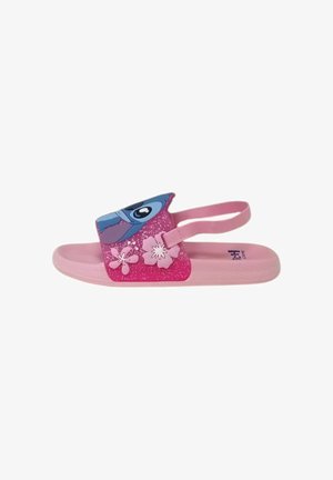 Sandalo rosa per bambini con cinturino posteriore, con personaggi dei cartoni animati e motivi floreali sulla fascia frontale.