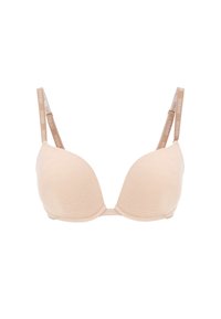 Soutien-gorge beige chiaro con un motivo testurizzato, scollatura profonda e spalline regolabili, con il marchio "Guess" in color sabbia.