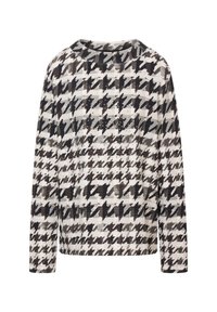 Langärmeliges Oberteil im Hahnentrittmuster, mit schwarzen und grauen Tönen und einer strukturierten Stoffqualität. Rundhalsausschnitt und lockerer Schnitt.
