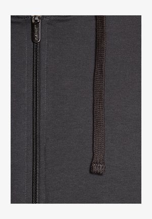 Mørkegrå hættetrøje med lynlås, der har en strikket snøre, en glat tekstur og en eksponeret metallynlås med en mærket trække-tab.