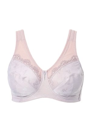Soutien-gorge rose clair avec dentelle et un motif texturé. Il possède des bretelles réglables et un petit ornement décoratif au centre.